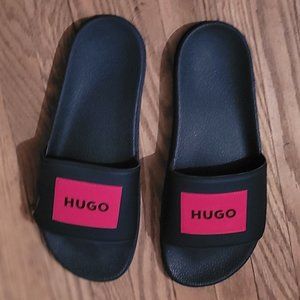 New HUGO BOSS Men's Logo Slides Sandals Black & Red, sz 9